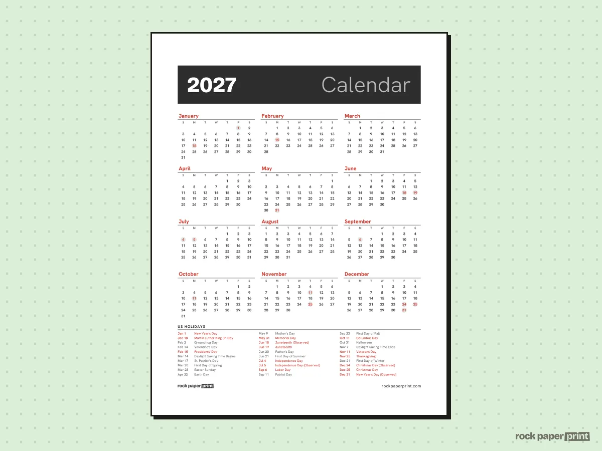 2027 Holiday Calendar, Bold header, printable PDF preview