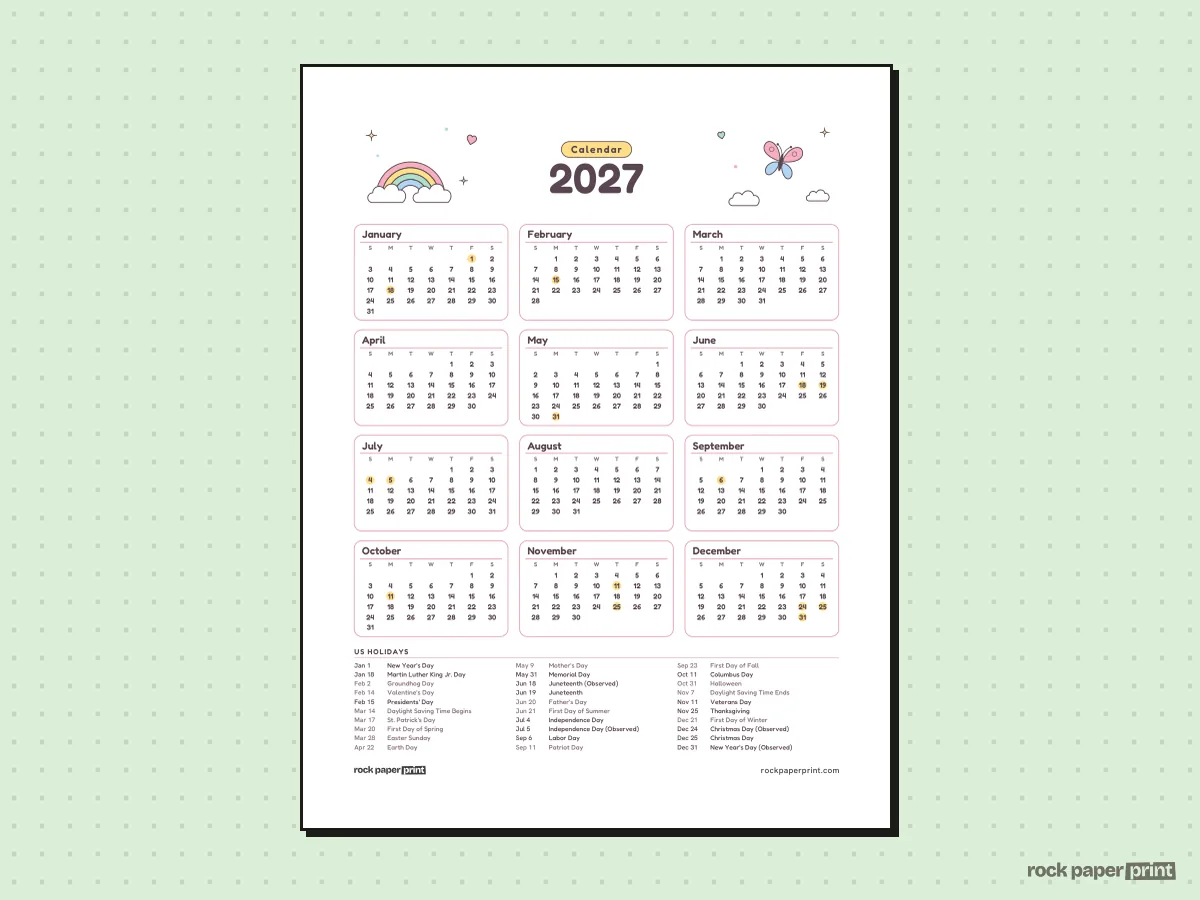 2027 Holiday Calendar, Cute, printable PDF preview
