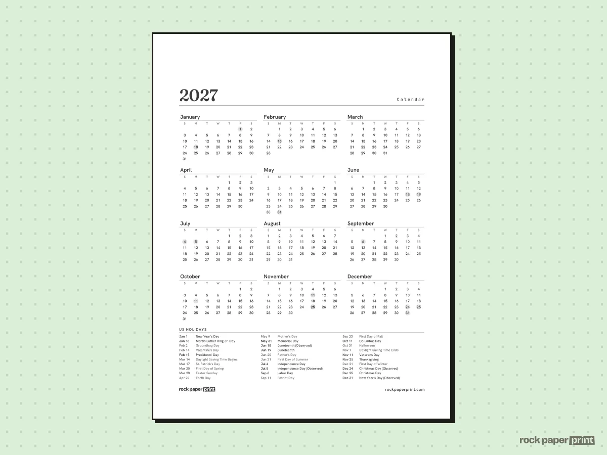 2027 Holiday Calendar, Plain, printable PDF preview