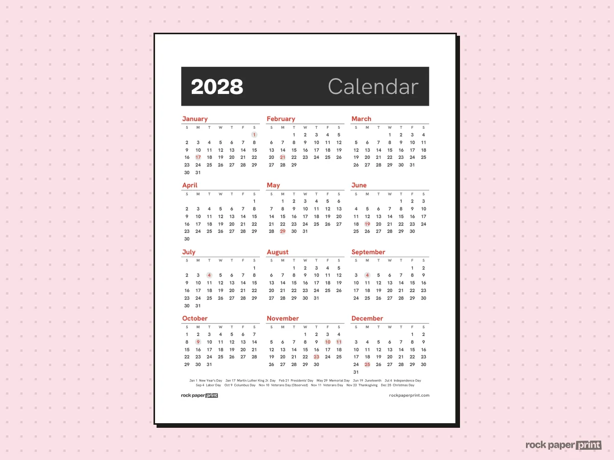 2028 Calendar, Bold header, printable PDF preview