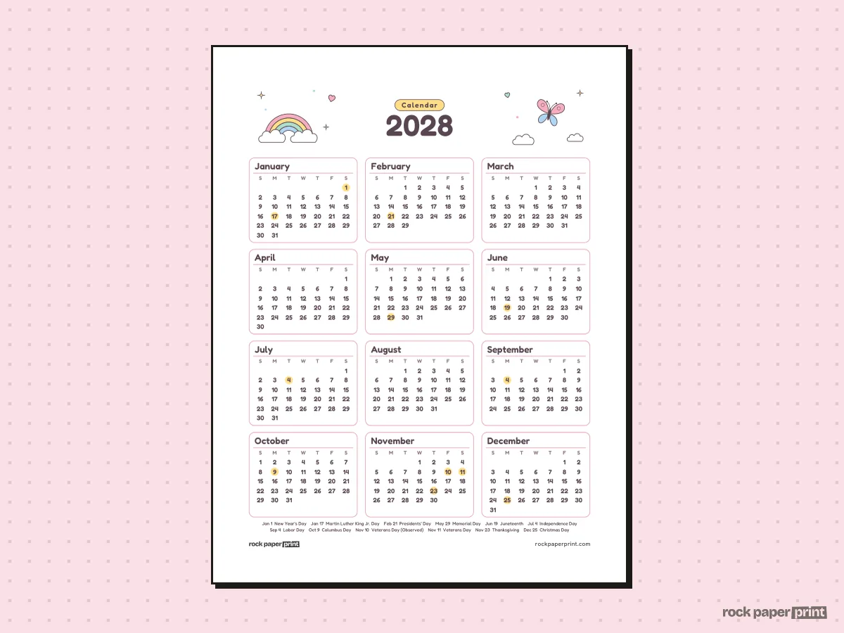 2028 Calendar, Cute, printable PDF preview