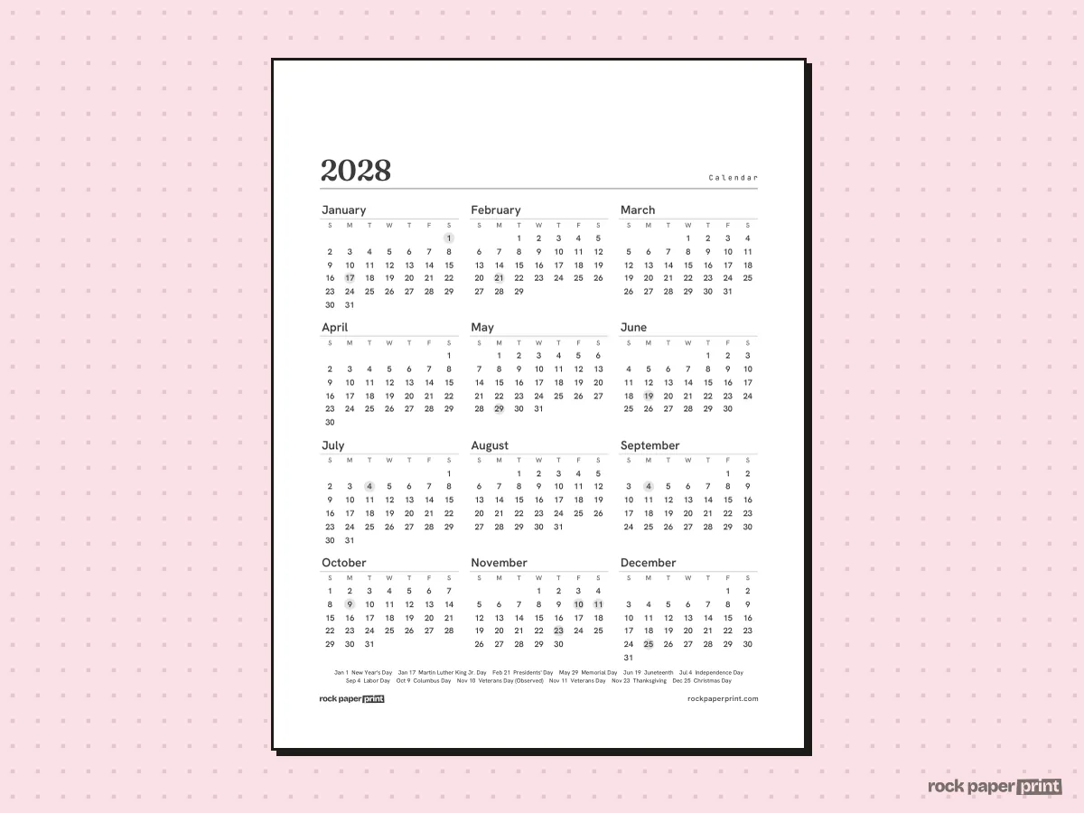 2028 Calendar, Plain, printable PDF preview