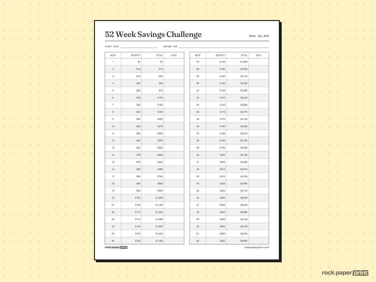 52 Week Savings Challenge, $5 Steps, printable PDF preview