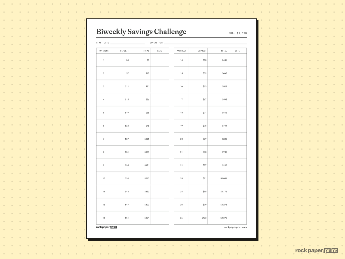 52 Week Savings Challenge, Biweekly, printable PDF preview