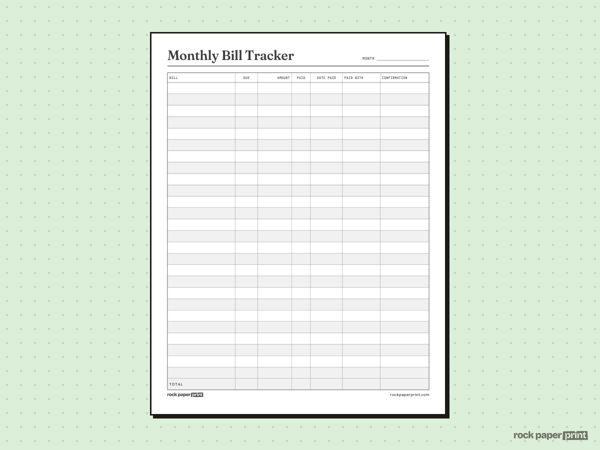 Bill Tracker, Monthly, printable PDF preview