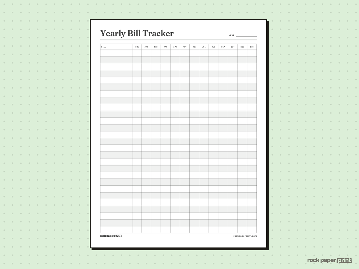 Bill Tracker, Yearly (12 Months), printable PDF preview