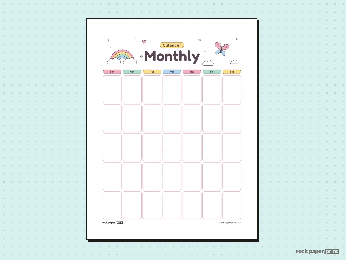 Blank Monthly Calendar, Cute · 5 weeks, printable PDF preview