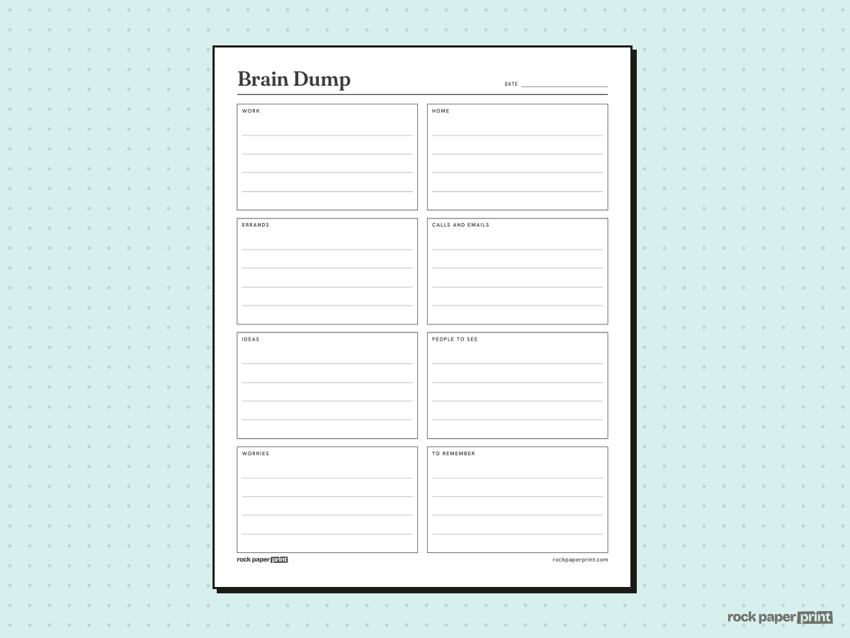Brain Dump Worksheet, Boxes by Area, printable PDF preview