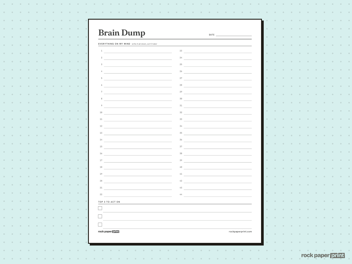Brain Dump Worksheet, Lined List, printable PDF preview