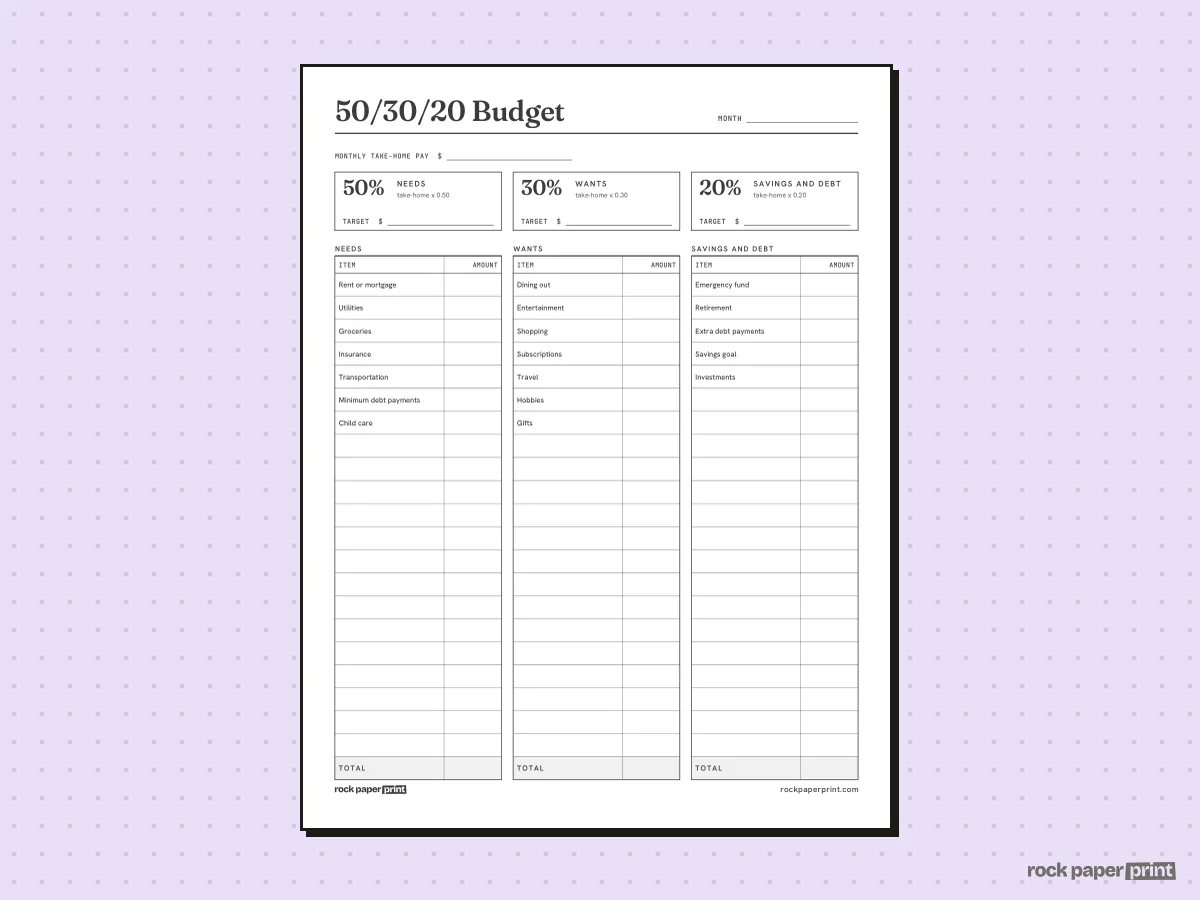 Budget Worksheet, 50/30/20 Budget, printable PDF preview