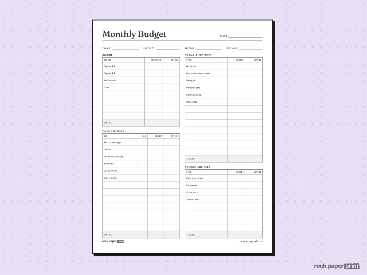 Budget Worksheet, Monthly Budget, printable PDF preview