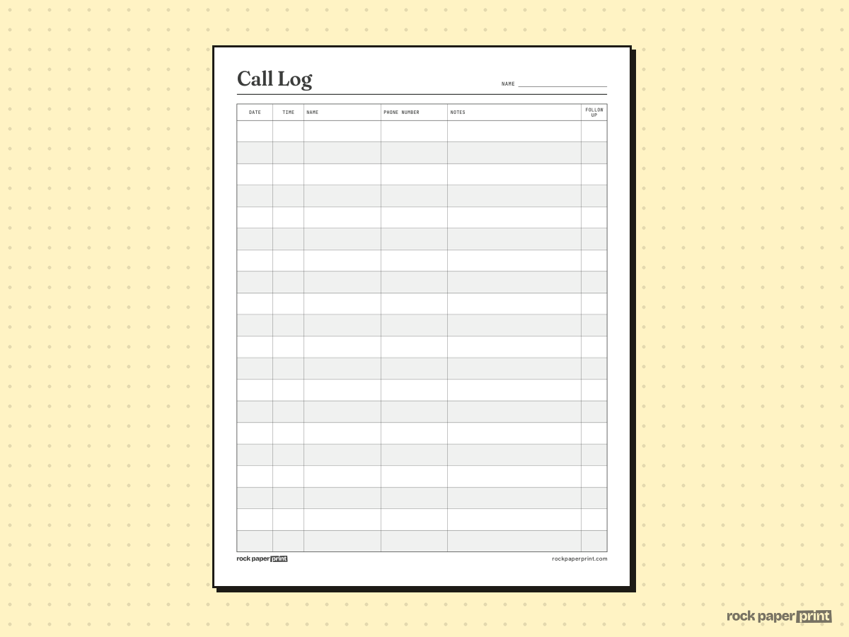 Call Log, Standard, printable PDF preview