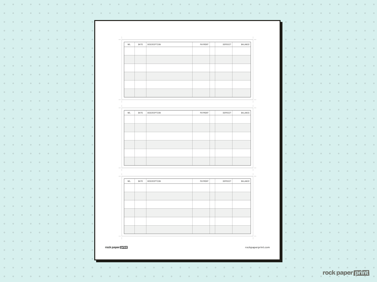 Check Register, Checkbook Size (3 per Page), printable PDF preview