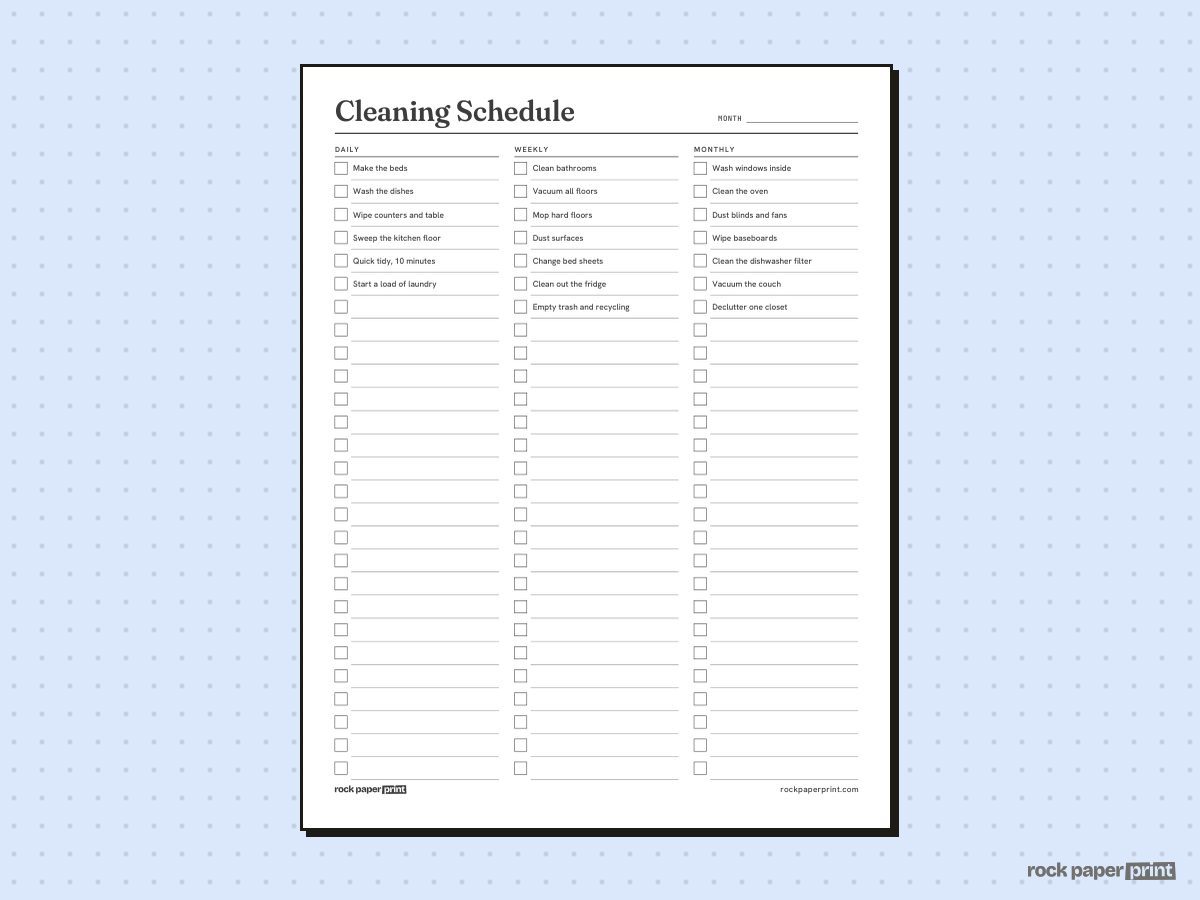 Cleaning Schedule, Daily, Weekly, Monthly, printable PDF preview