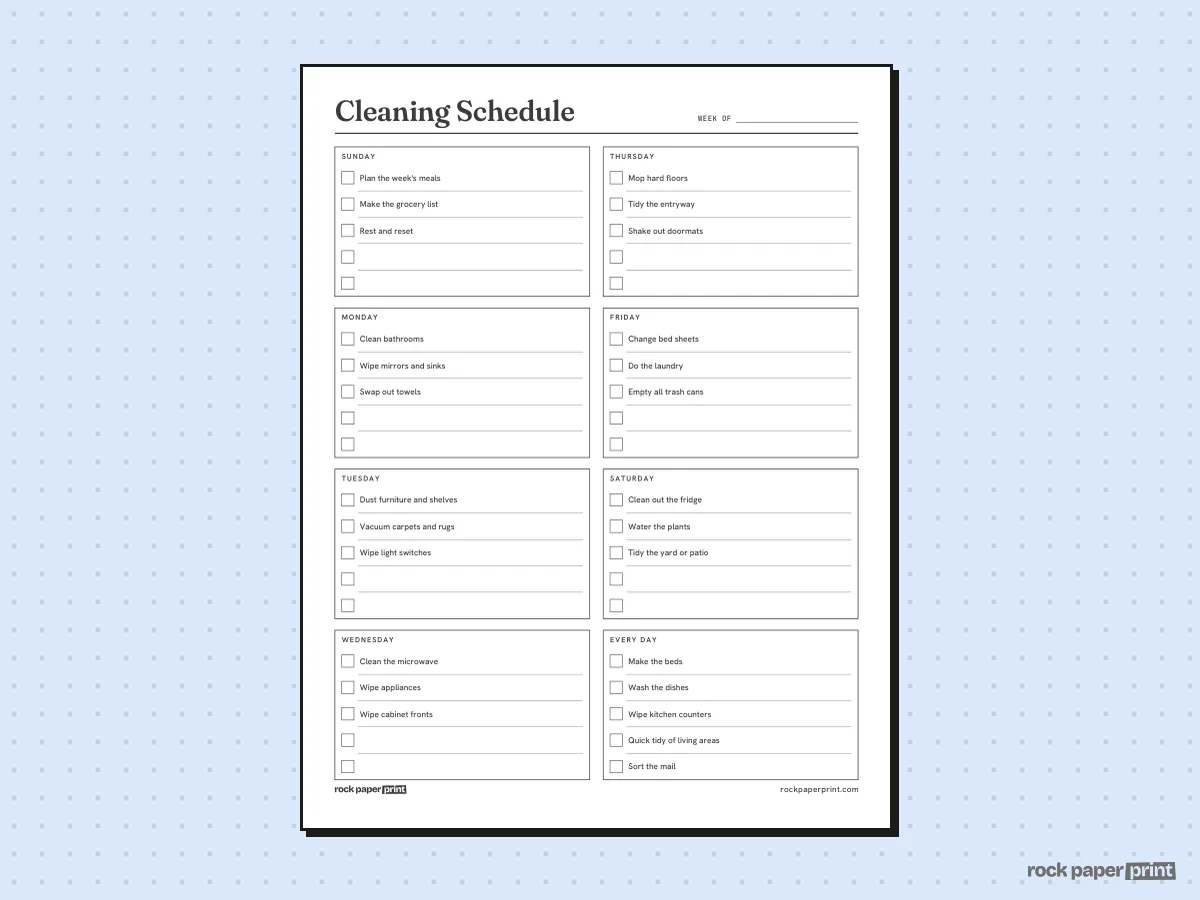 Cleaning Schedule, Weekly by Day, printable PDF preview