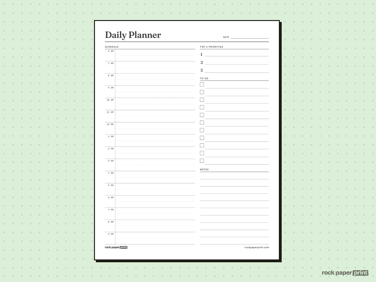 Daily Planner, Hourly Schedule and To-Do, printable PDF preview