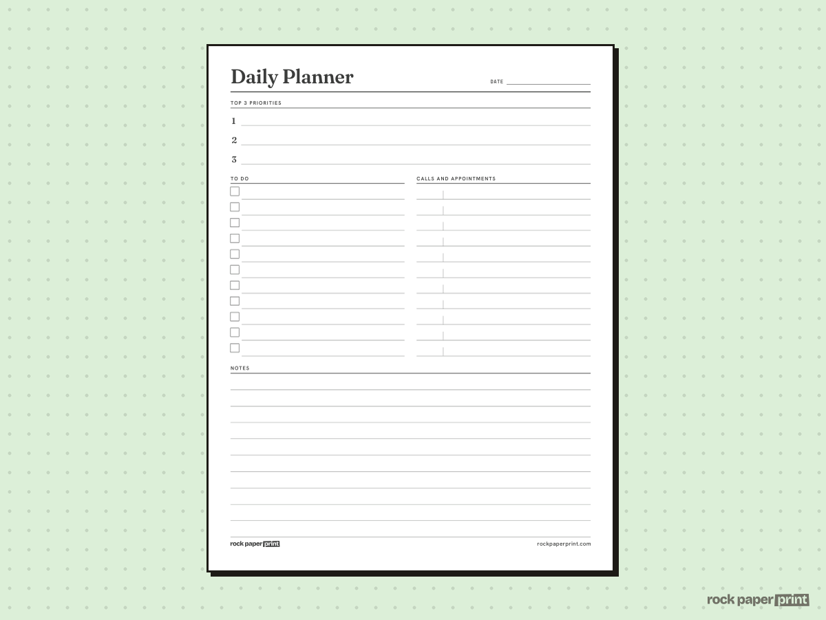 Daily Planner, Priorities and Notes, printable PDF preview