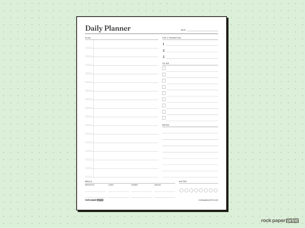 Daily Planner, Without Hours, printable PDF preview