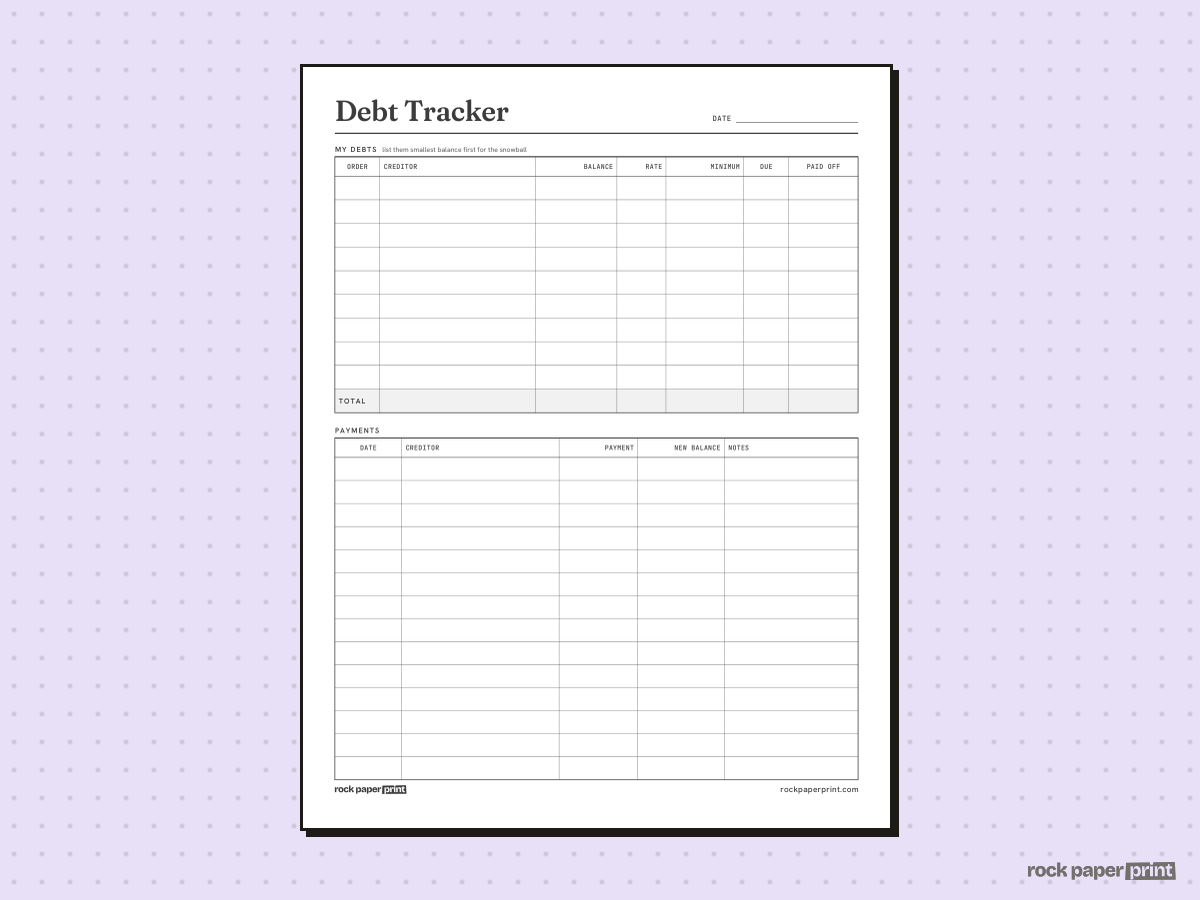 Debt Tracker, Payoff Table, printable PDF preview