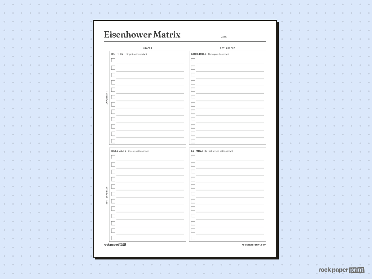 Eisenhower Matrix Template, 4 Quadrants, printable PDF preview