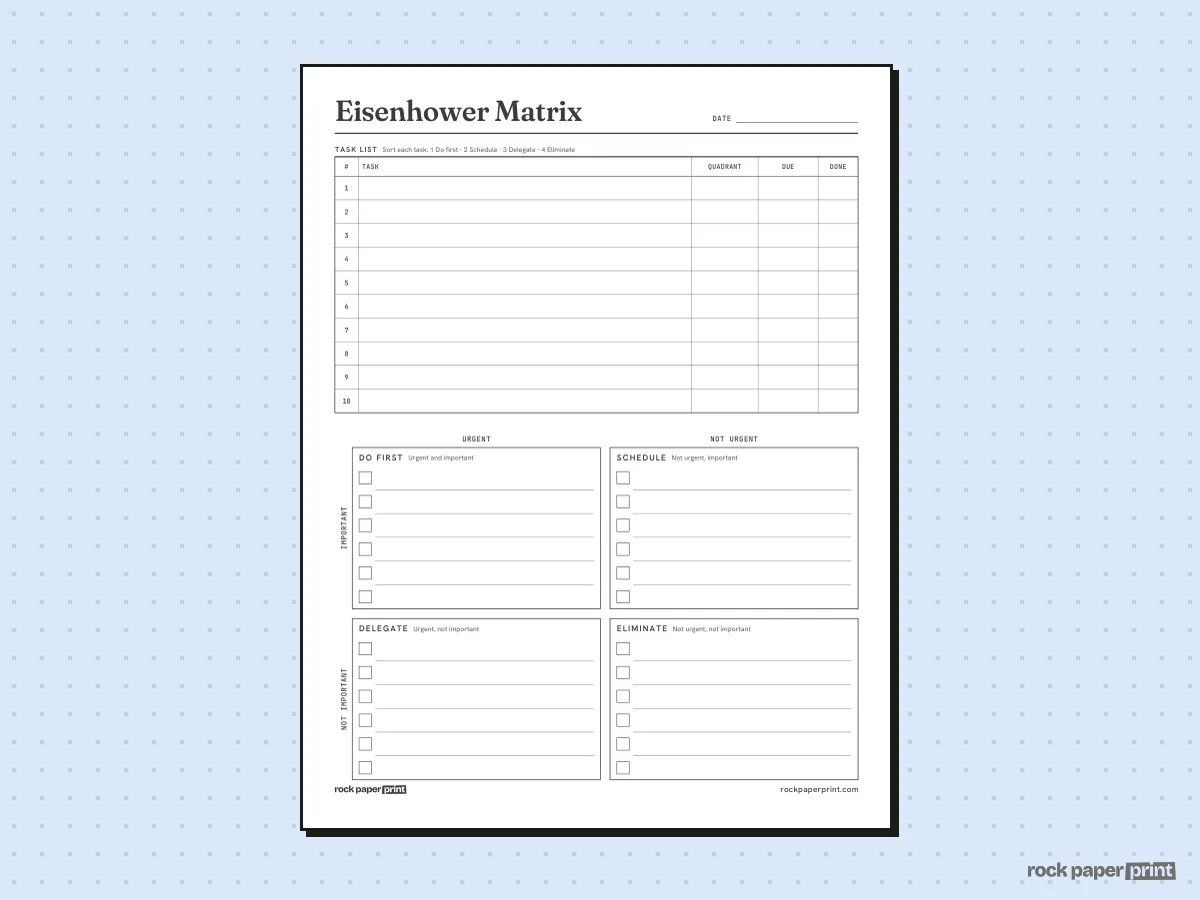 Eisenhower Matrix Template, With Task List, printable PDF preview