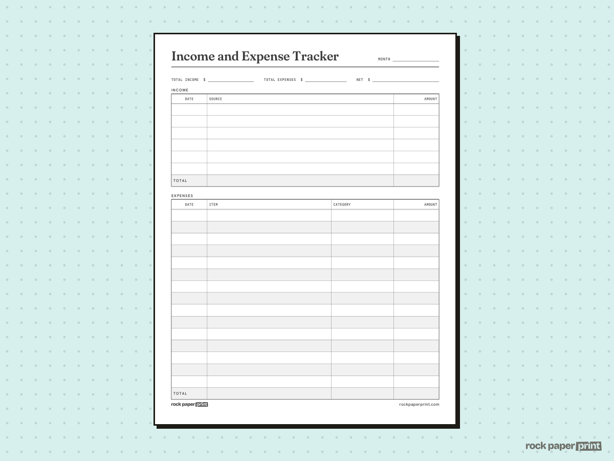 Expense Tracker, Income and Expense, printable PDF preview