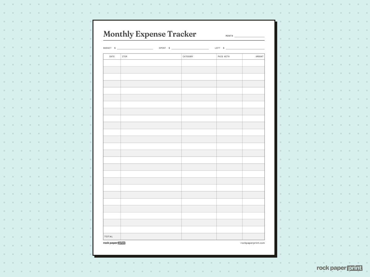 Expense Tracker, Monthly, printable PDF preview