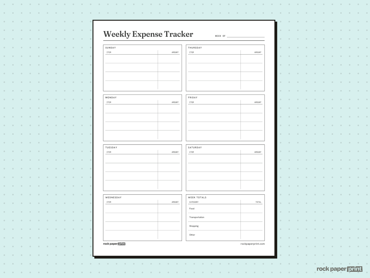 Expense Tracker, Weekly, printable PDF preview