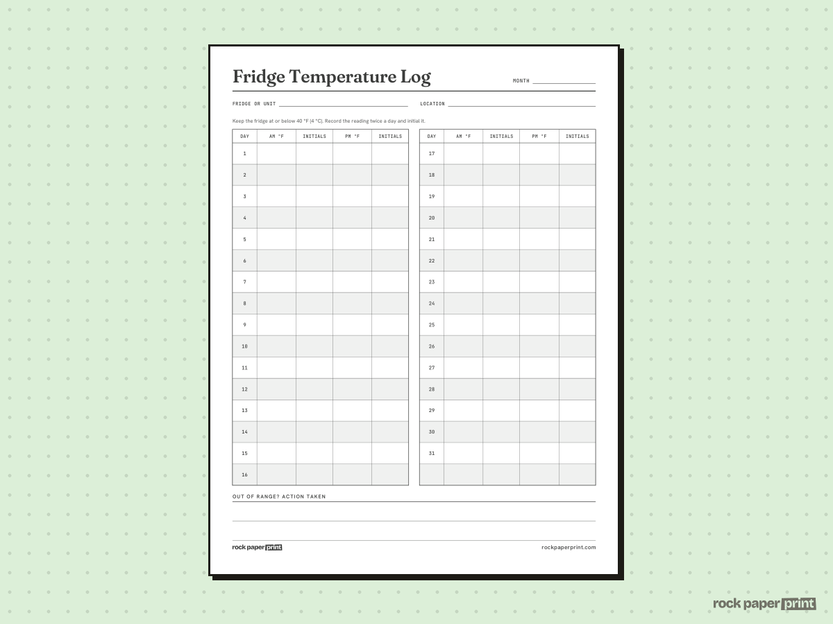 Fridge Temperature Log, Monthly (AM and PM), printable PDF preview