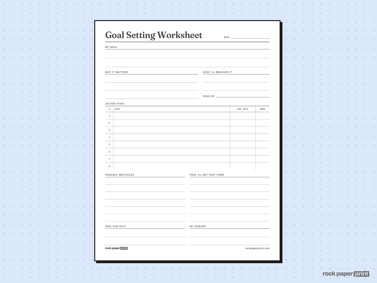 Goal Setting Worksheet, One Goal with Steps, printable PDF preview