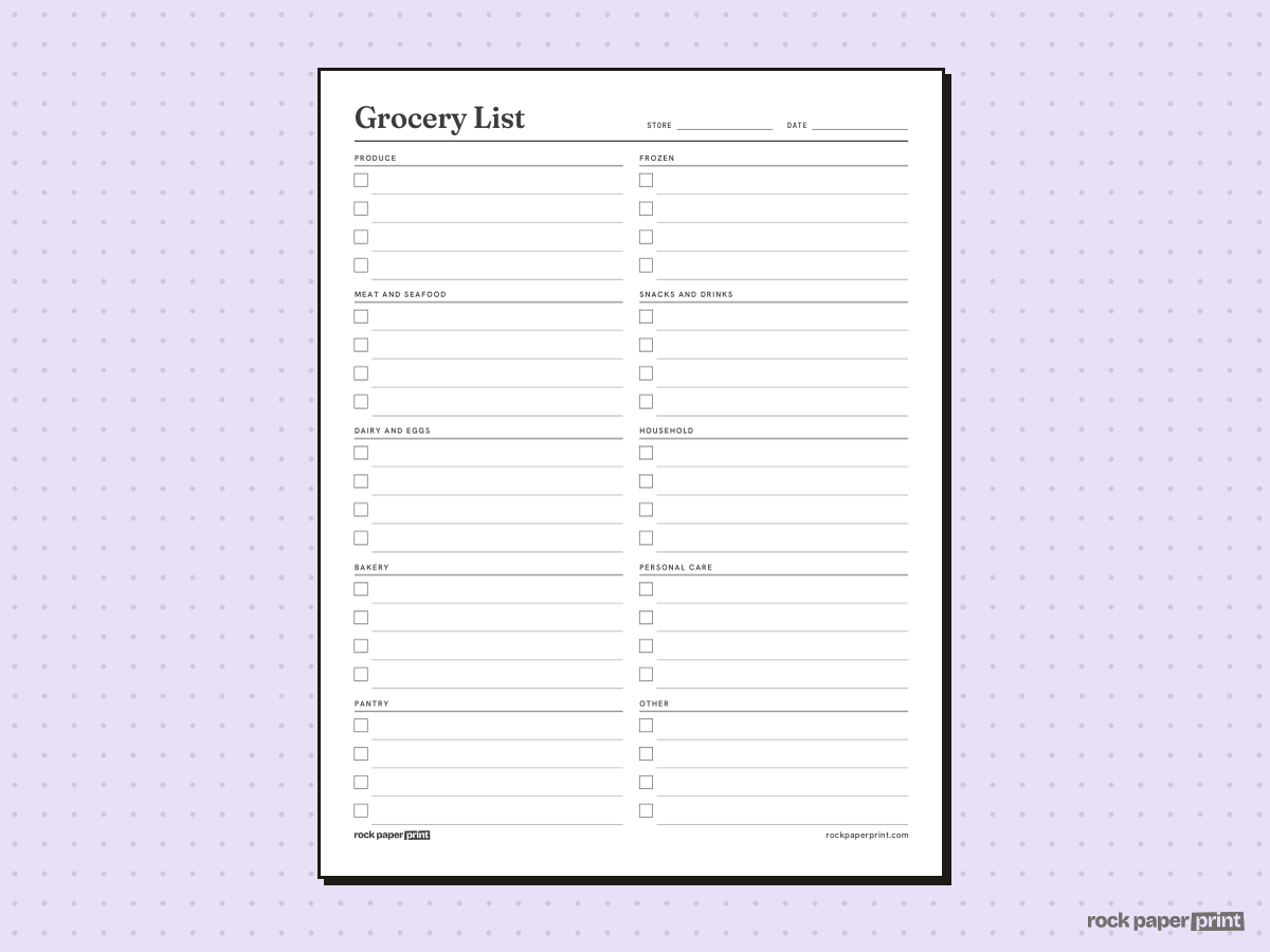 Grocery List, By Store Section, printable PDF preview