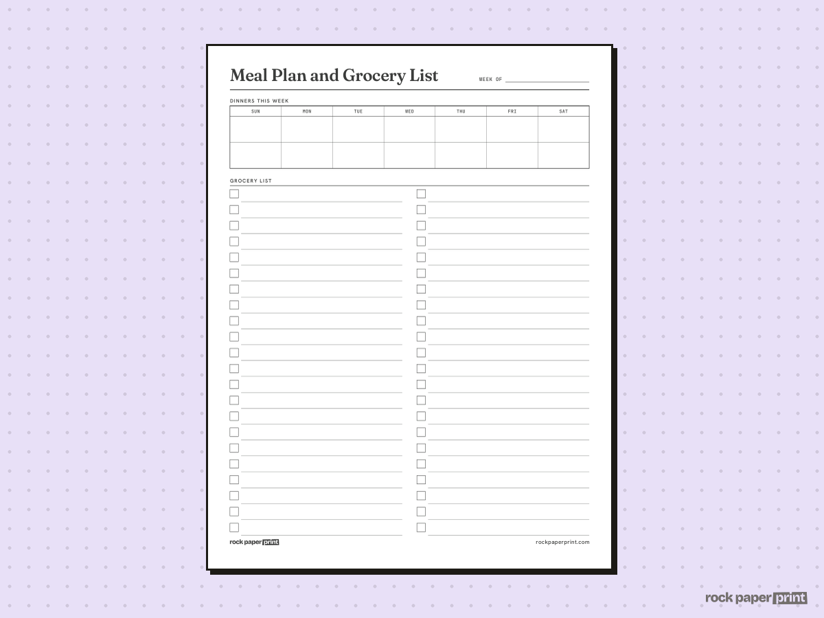 Grocery List, With Meal Plan Strip, printable PDF preview