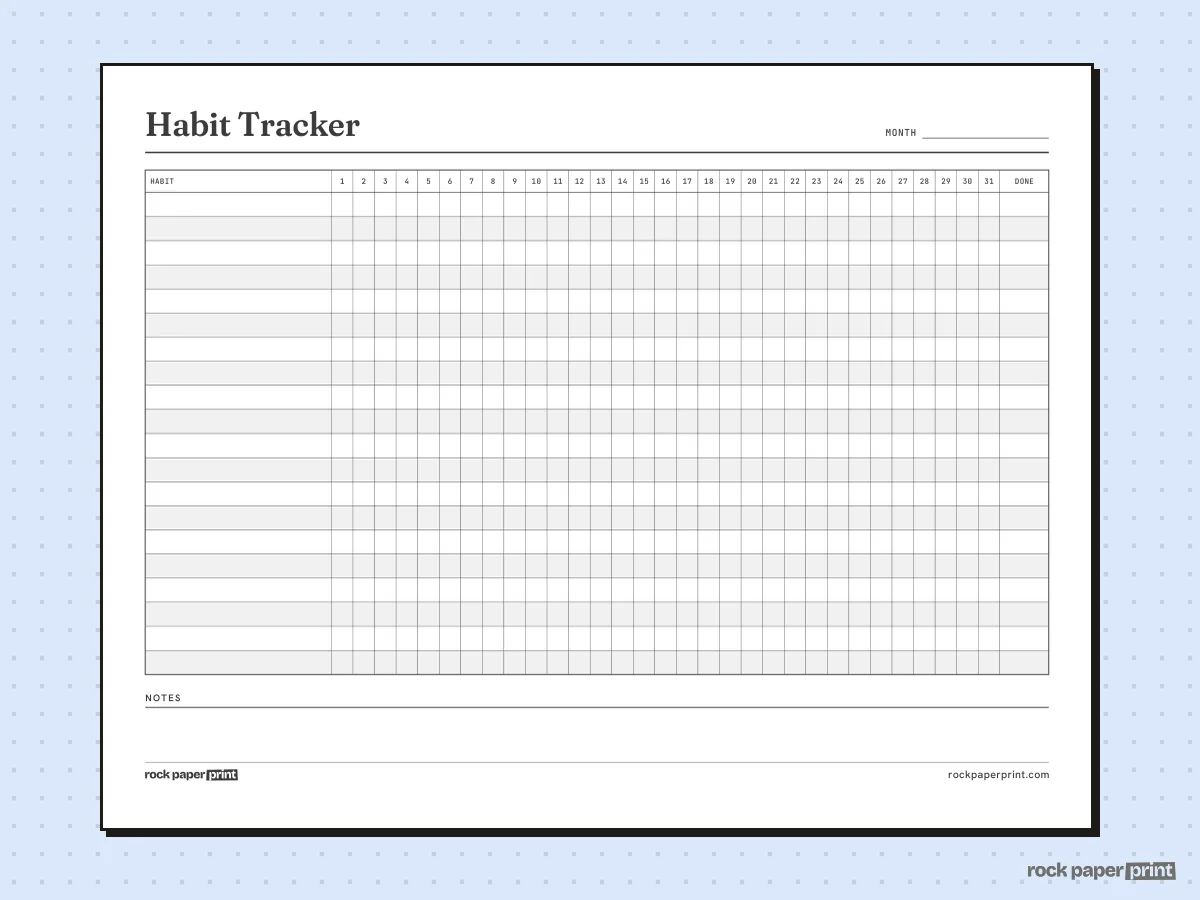 Habit Tracker, 20 Habits, landscape, printable PDF preview