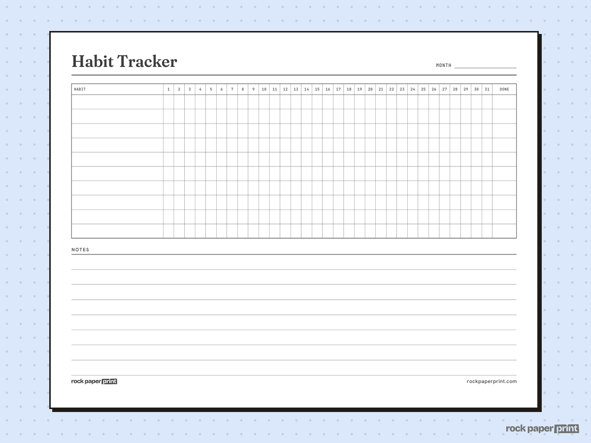 Habit Tracker, Monthly (31 Days), landscape, printable PDF preview