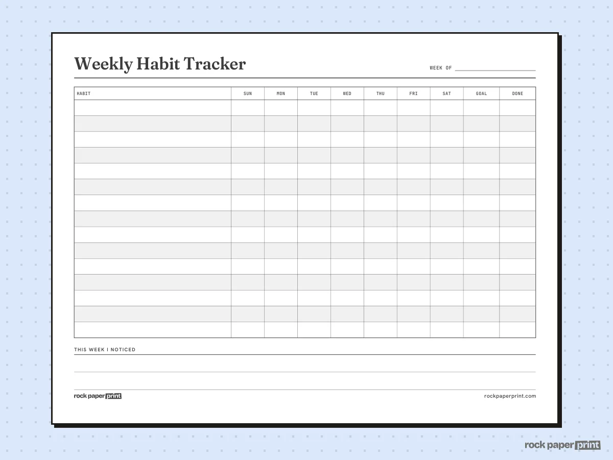 Habit Tracker, Weekly, landscape, printable PDF preview