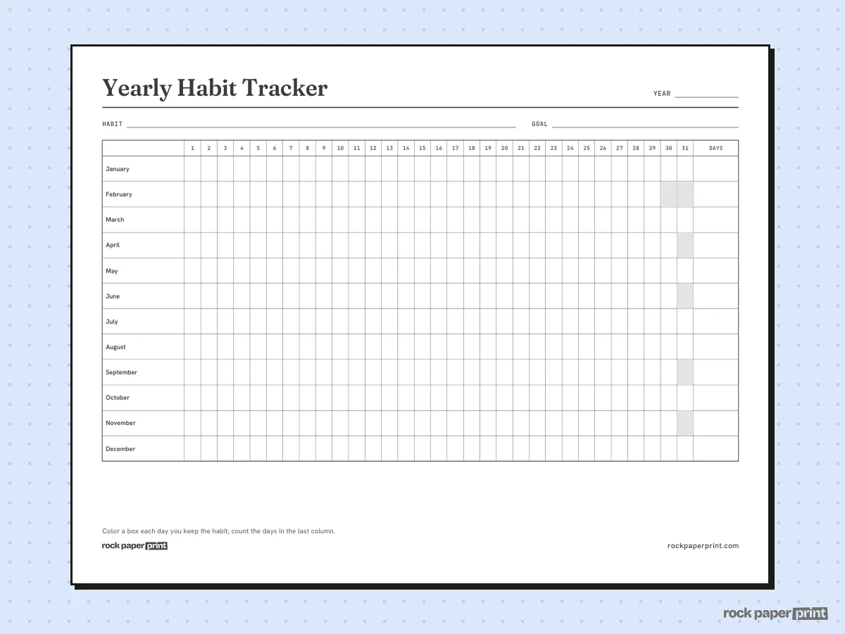 Habit Tracker, Yearly, landscape, printable PDF preview