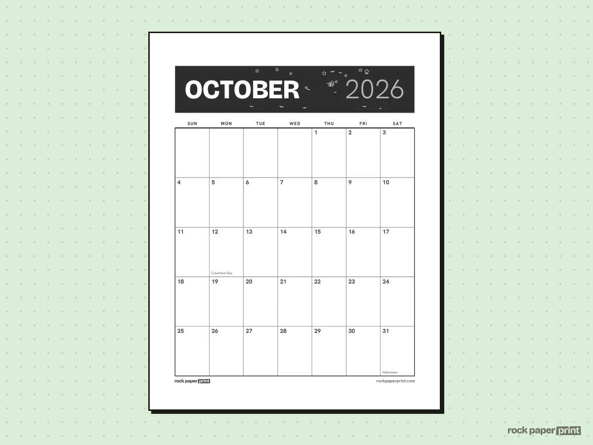 Halloween Calendar, Bold header, Halloween, printable PDF preview