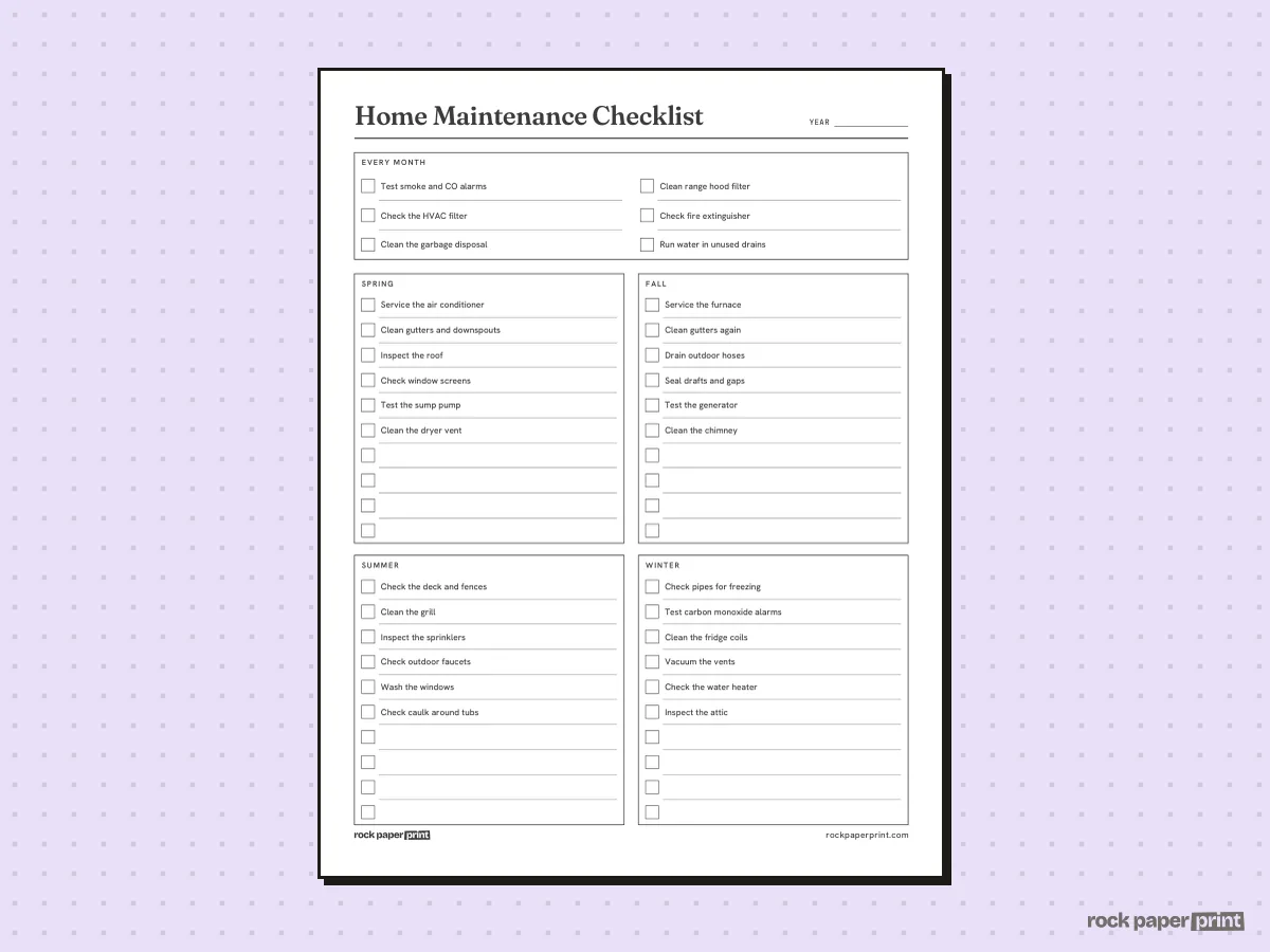 Home Maintenance Checklist, By Month and Season, printable PDF preview