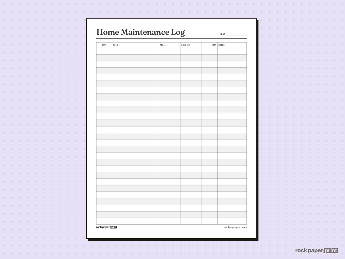 Home Maintenance Checklist, Yearly Log, printable PDF preview