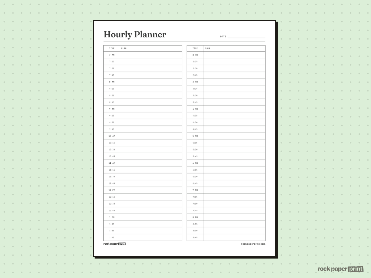 Hourly Planner, 15-Minute Slots, printable PDF preview