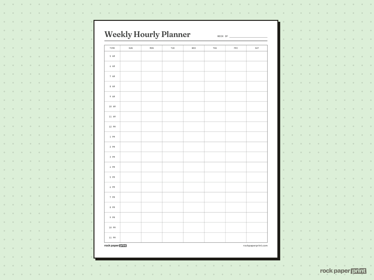 Hourly Planner, Weekly, printable PDF preview