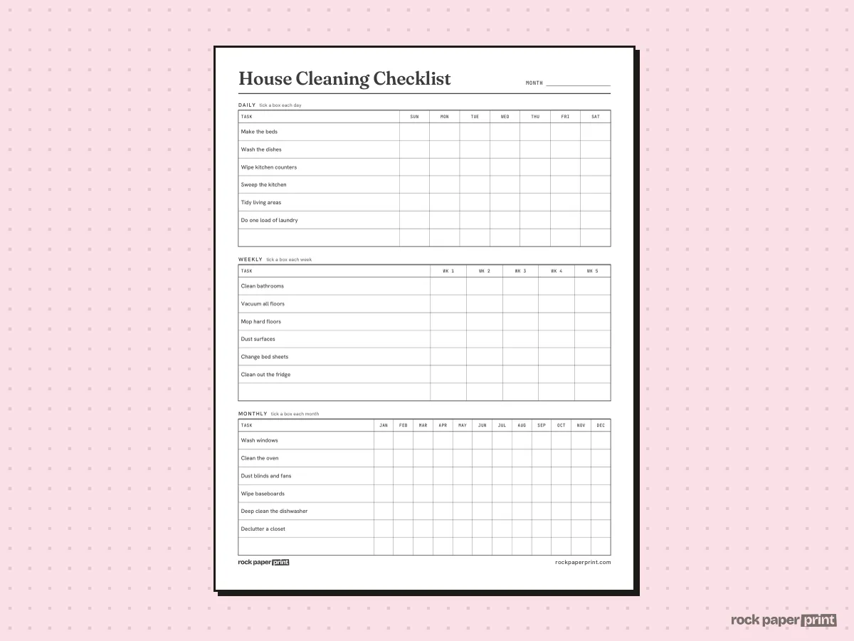 House Cleaning Checklist, Daily, Weekly, Monthly, printable PDF preview