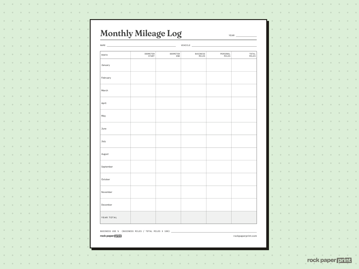 Mileage Log, Monthly Summary, printable PDF preview