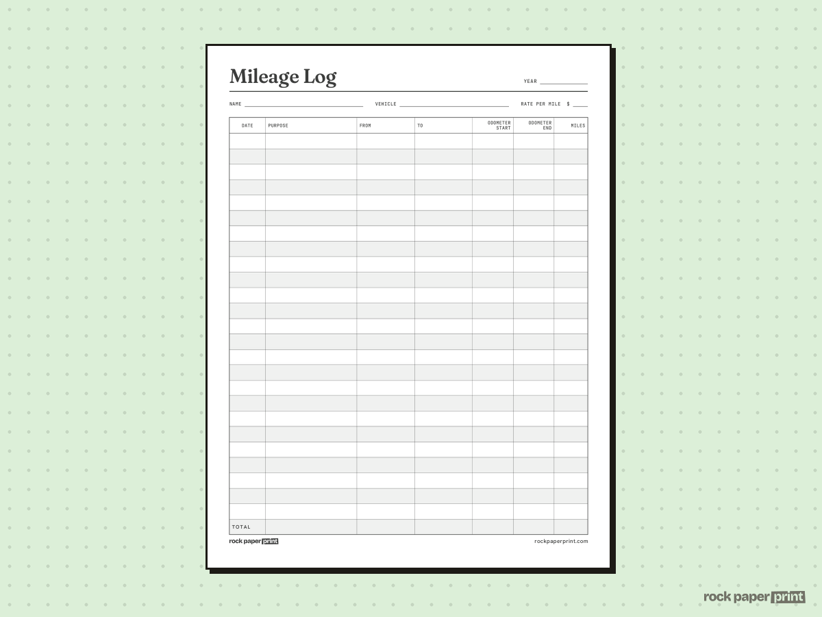 Mileage Log, Trip Log, printable PDF preview