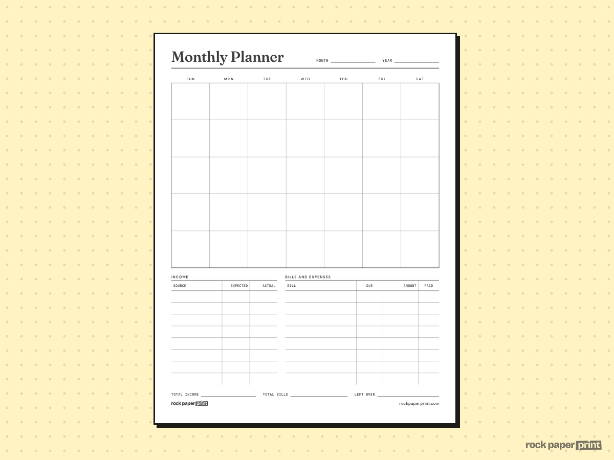 Monthly Planner, With Budget Column, printable PDF preview