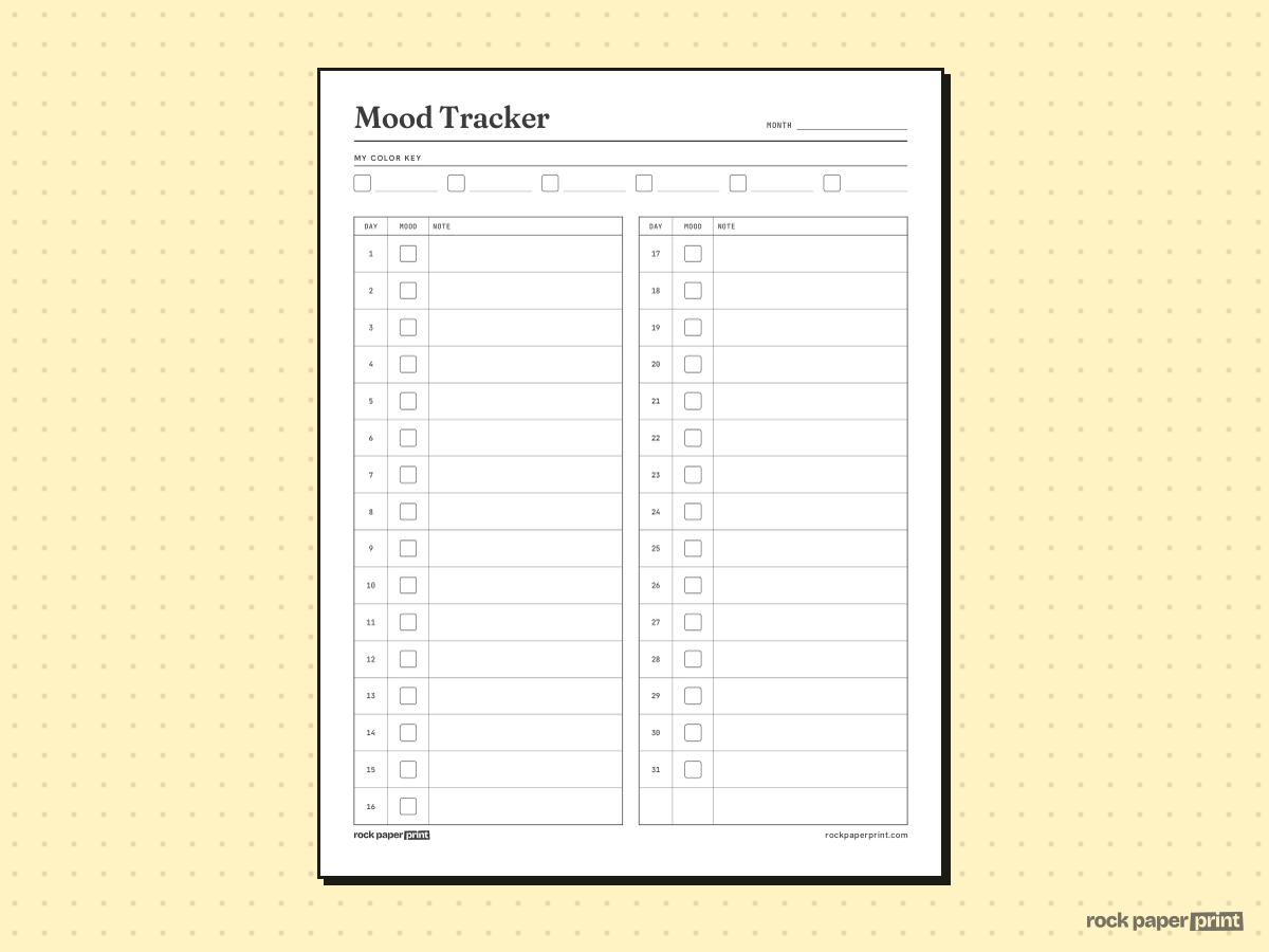 Mood Tracker, Monthly, printable PDF preview