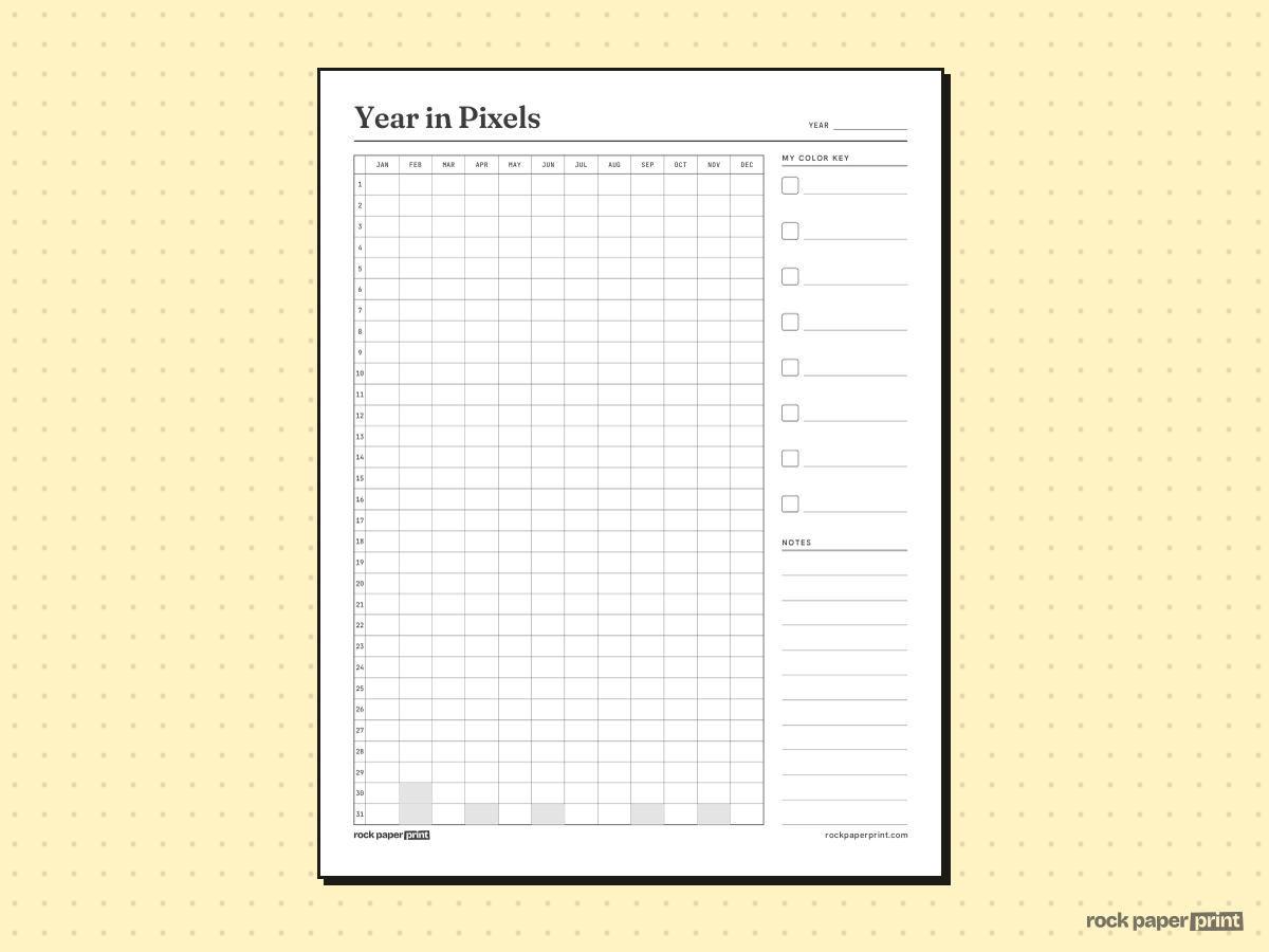 Mood Tracker, Year in Pixels, printable PDF preview