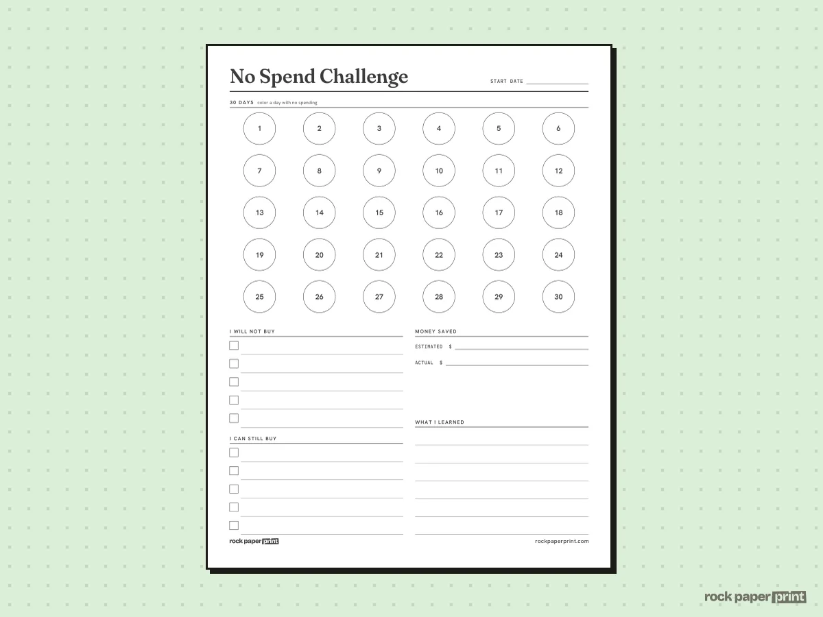 No Spend Challenge Tracker, 30 Days, printable PDF preview