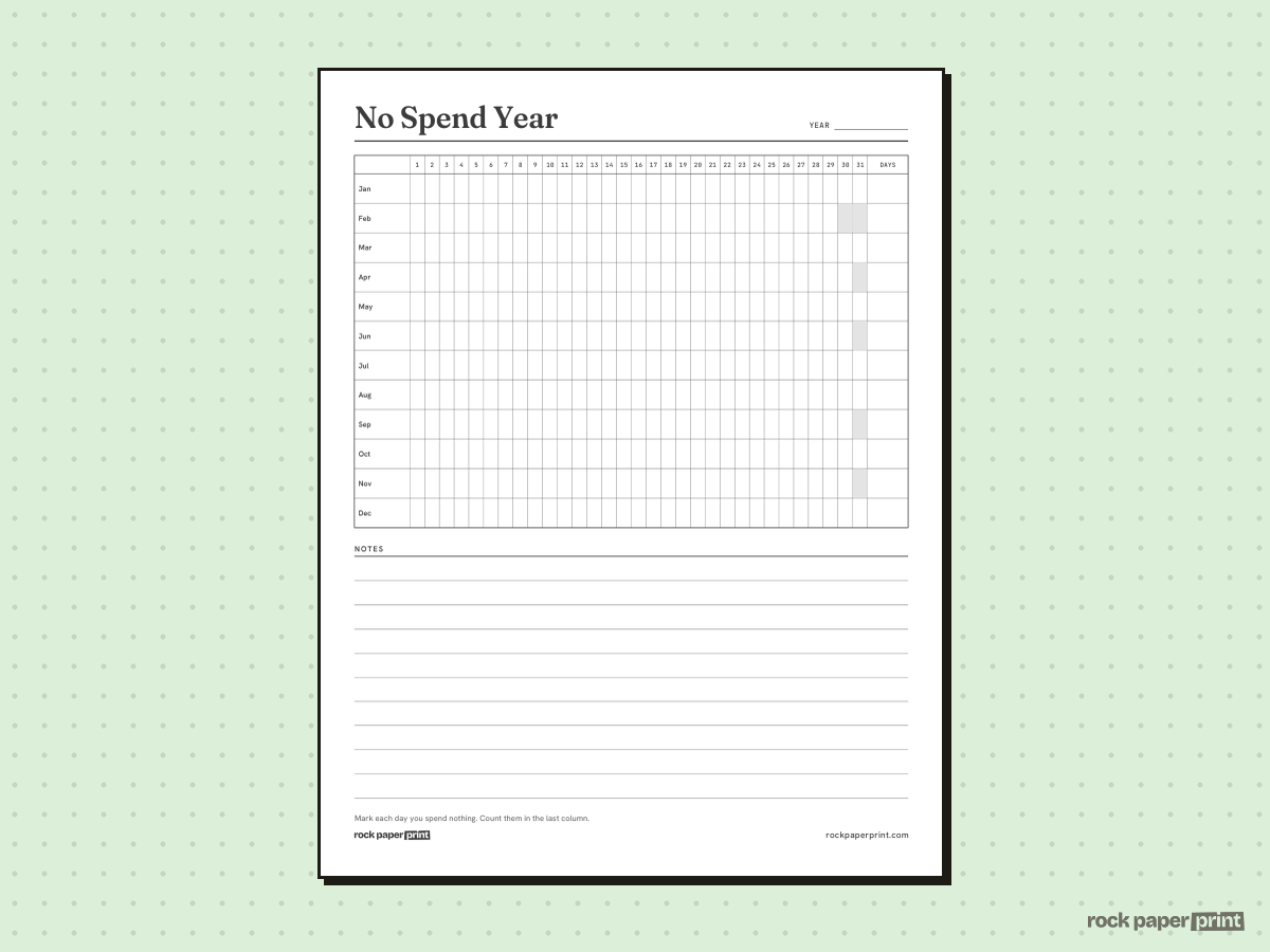 No Spend Challenge Tracker, Yearly, printable PDF preview