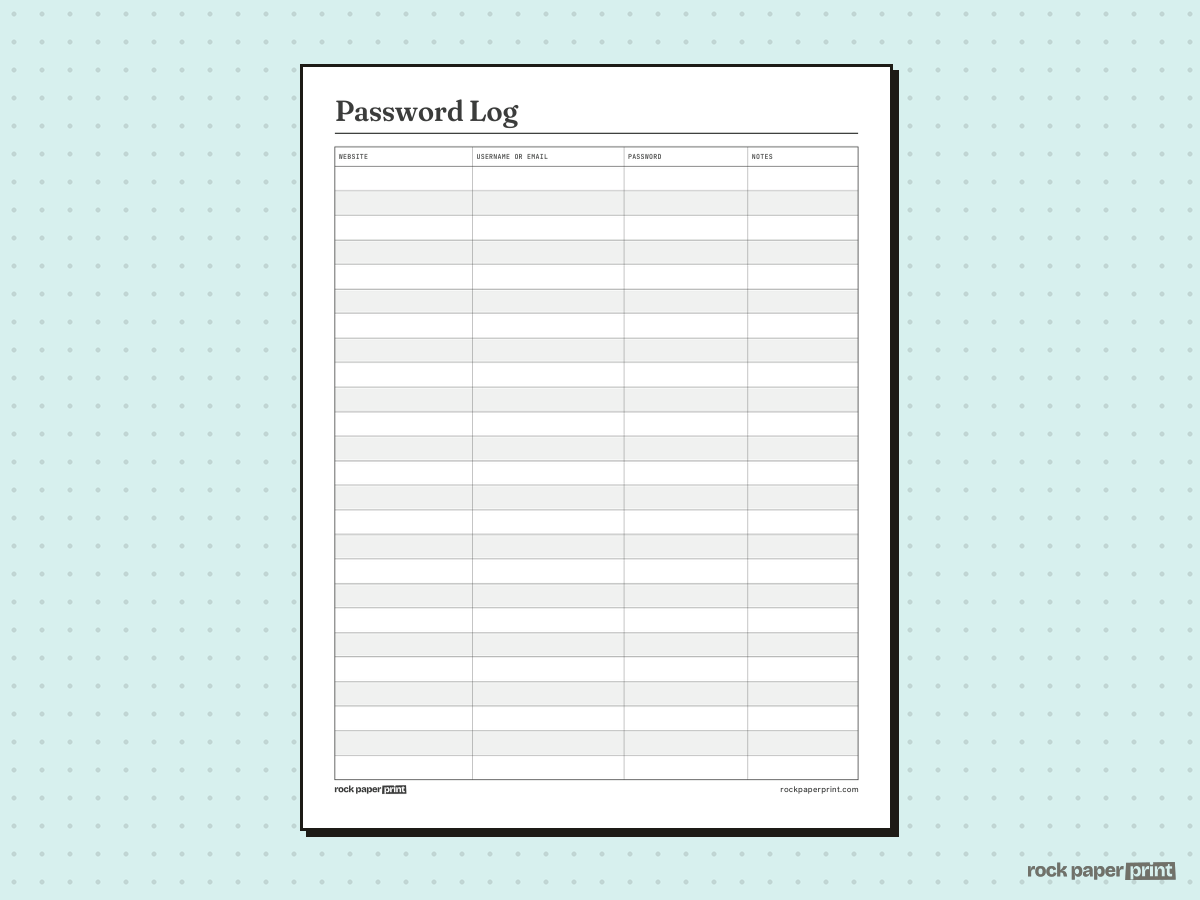 Password Log, Simple Table, printable PDF preview